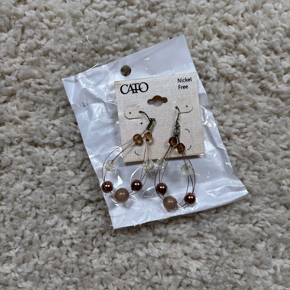 Cato Nickel Free Dangle Earrings‎ Beaded Wire Hoop Style Brown Clear Accent